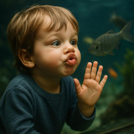 Little boy playing with fish in aquarium. Portrait of cute baby boyの写真素材