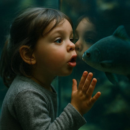 Cute little girl looking at a fish in an aquarium. Portrait.