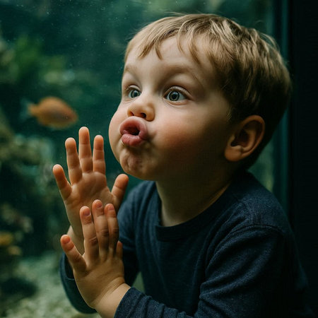 Cute little boy playing with fishes in an aquarium. Portrait of a child