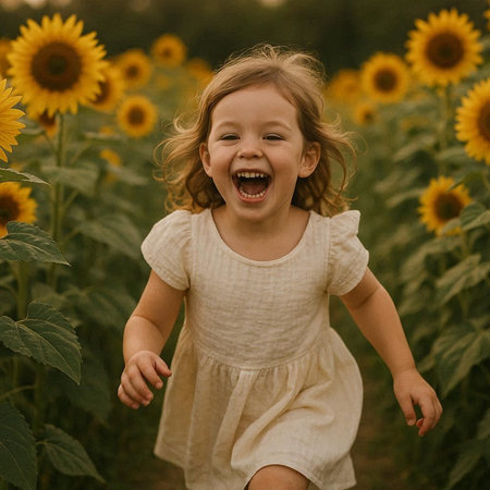 Cute little girl running through the field of sunflowers.