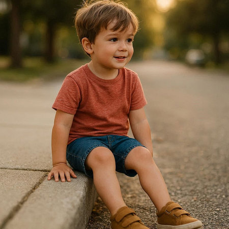Portrait of a cute little boy sitting on the street and smiling