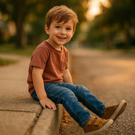 Portrait of a cute little boy sitting on the sidewalk in the park