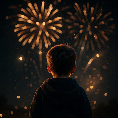 Young boy watching fireworks in the night sky. Celebrating new year.