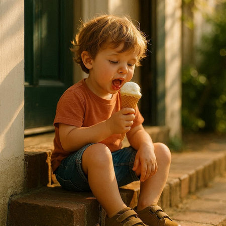 Cute little boy eating ice cream outdoors on sunny summer day.