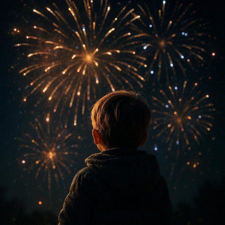 Little boy looks at fireworks on a dark background. Back view.