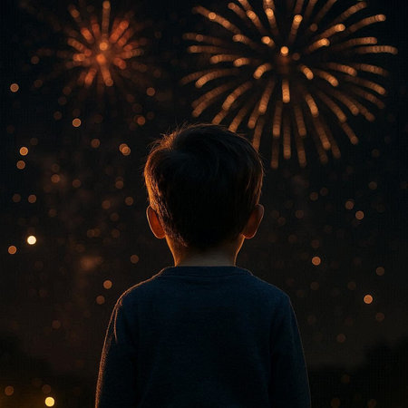 Back view of a little boy looking at fireworks in the night sky
