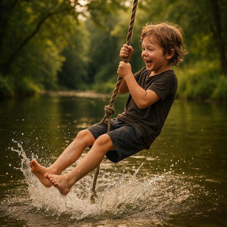 Cute little boy having fun on a swing in a river.