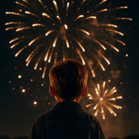 Back view of young man looking at fireworks on dark sky background.