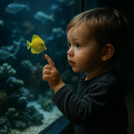A little boy looks at a yellow fish in the aquarium. Close-up.