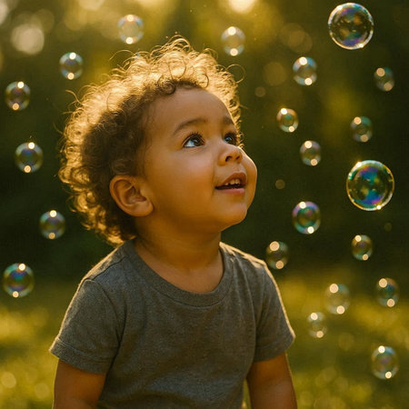 Cute little boy playing with soap bubbles outdoors. Kid having fun in the park.