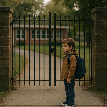 Cute little boy with backpack standing in front of the school gate