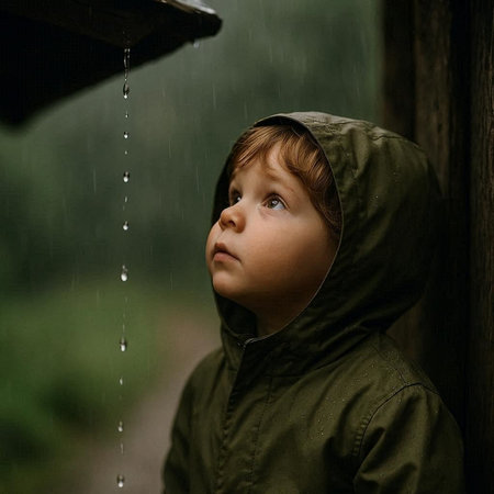 Little boy in raincoat and raincoat standing in the rain, outdoor portrait