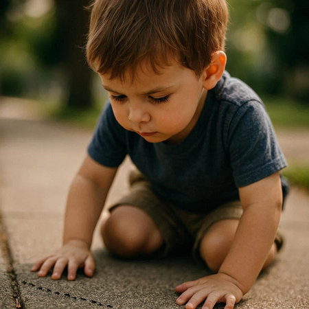 Cute little boy crawling on the sidewalk in the park. Happy childhood.