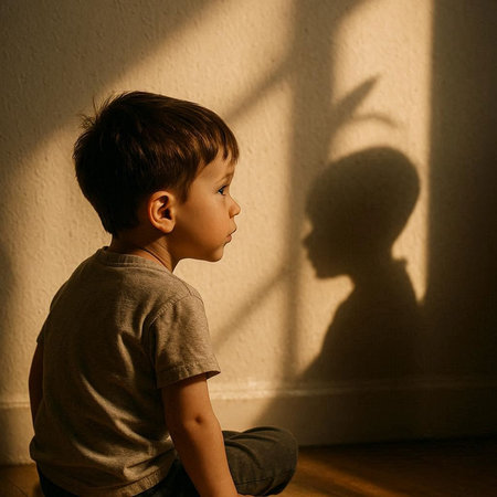 Little boy sitting on the floor with shadow from the window in the room