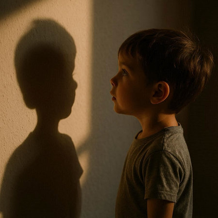 Child looking at the shadow of his father in a dark room.