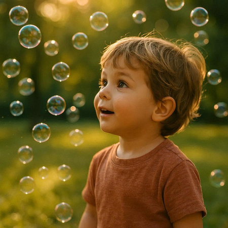 Little boy playing with soap bubbles in the park. Happy childhood concept.