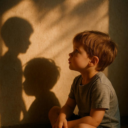 little boy looking at his shadow in the shadow of a wall.