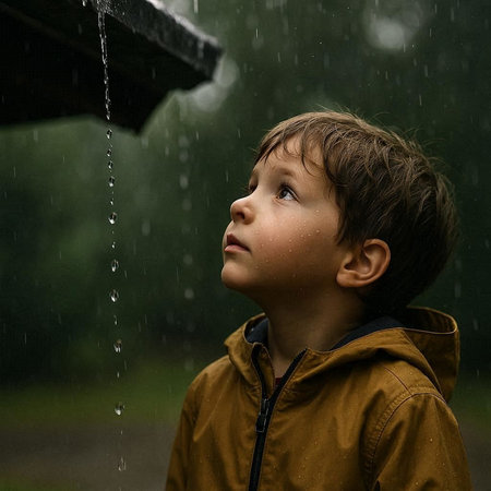 Little boy in raincoat looking away while standing under rain drops.