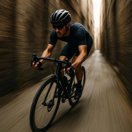 Cyclist Riding the Bike on a Trail in a Dark Tunnel
