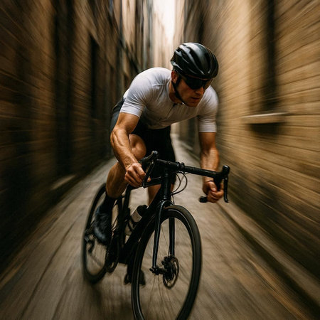 Cyclist riding a bicycle in a city street, motion blur