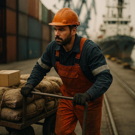 Portrait of a man working in the port. Portrait of a worker in an orange uniform.