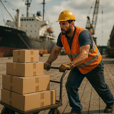 A worker with a cart full of boxes on the background of a cargo ship