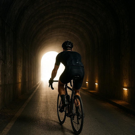 Cyclist in a dark tunnel with light at the end.