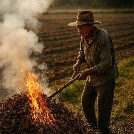 Farmer working on the field, burning fire in the field.