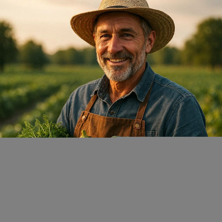 Portrait of senior farmer standing in his field, smiling and looking at camera.