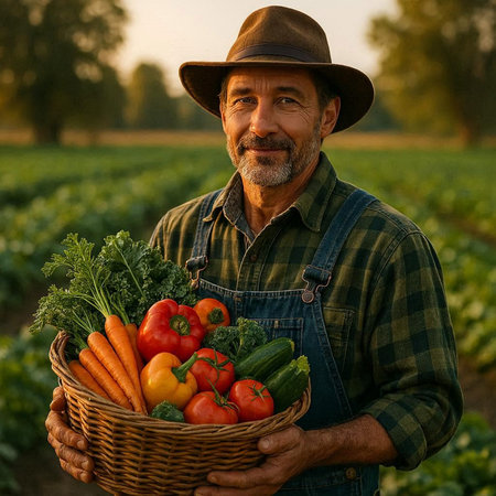 Farmer holding a basket full of fresh harvested vegetables in his field