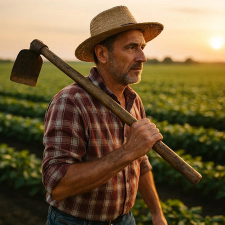 Farmer with a shovel in his hand on a field at sunset