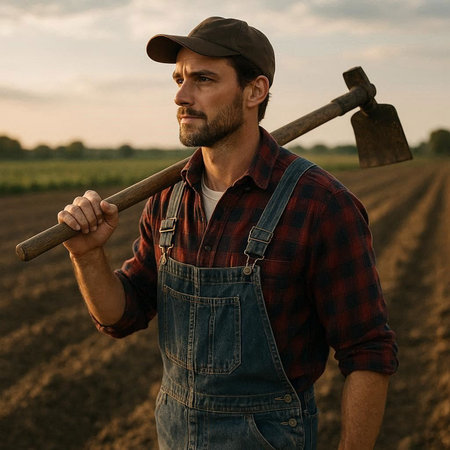 Farmer with ax in the field. Portrait of a confident farmer with an ax in the field.