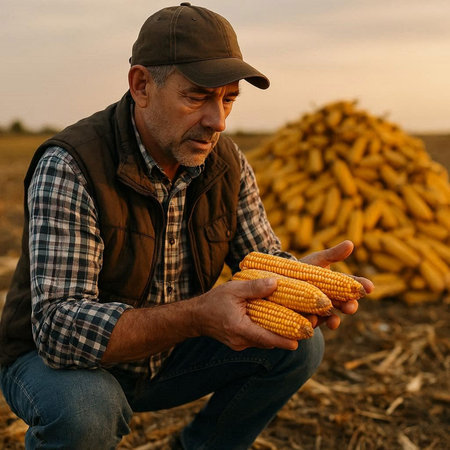 Farmer in corn field at sunset. Farmer with freshly harvested corn.