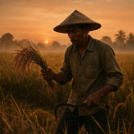 Farmer working on rice field at sunset in Bali, Indonesia