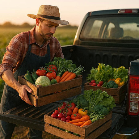 Farmer with crate full of fresh vegetables standing in front of pickup truck