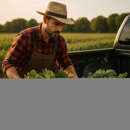 Farmer standing in front of pickup truck and examining crop of cabbage