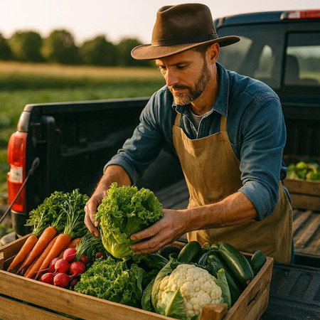 Farmer with a harvest of vegetables in a box on the field