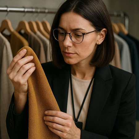 Portrait of a young business woman in eyeglasses holding a brown jacket in her hands.