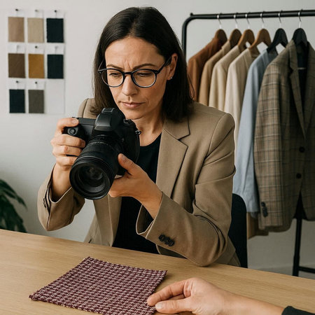 beautiful fashion designer in eyeglasses holding digital camera while working in studio