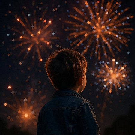 Boy looks at fireworks in the night sky on a background of fireworks