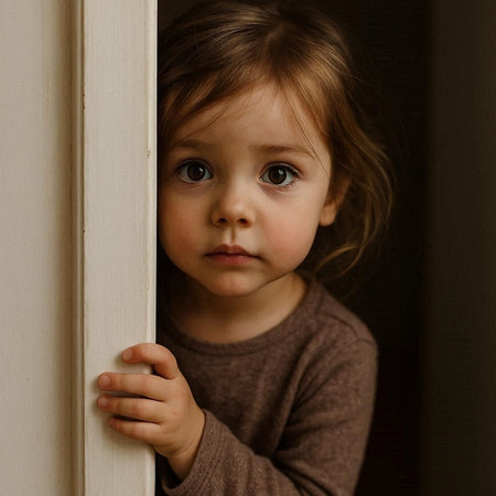 Portrait of a cute little girl looking out of the window.