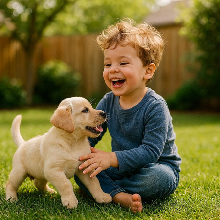Little boy playing with labrador retriever puppy in the garden.