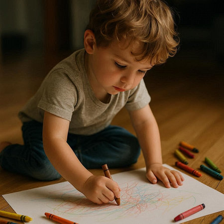 Cute little boy drawing with colorful crayons on paper at home