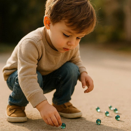 Cute little boy playing with green glass balls on the ground.