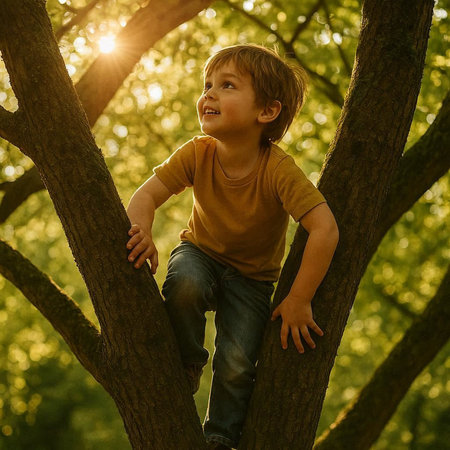 Little boy climbing on a tree in the forest on a sunny day