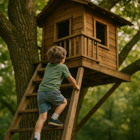 Cute little boy climbing on a wooden birdhouse in the park