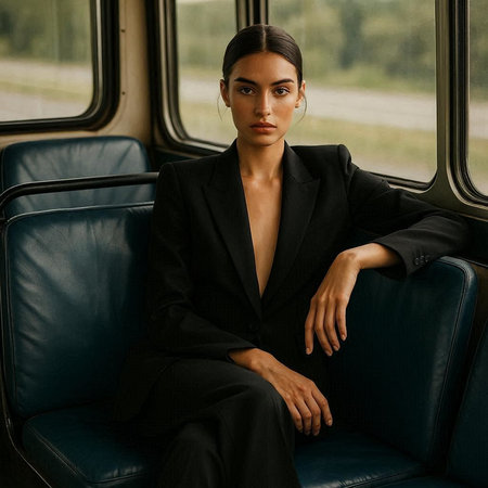 Beautiful young woman in a black suit sitting in a train.