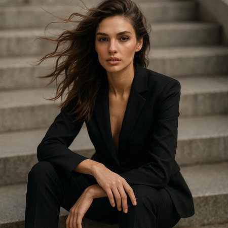 Portrait of a beautiful young brunette woman in a black suit