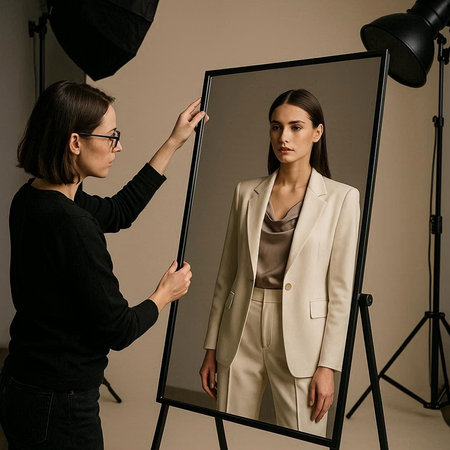 Professional makeup artist working with model in studio. Woman looking in the mirror.