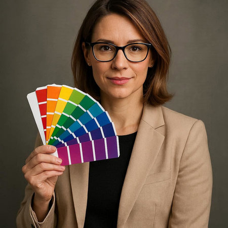Portrait of a businesswoman holding a color chart on gray background